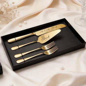 Juego de cuchillos y tenedores para pastel de bodas grabados: Regalo para los novios