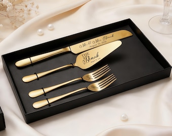 Engraved Wedding Cake Cutting Set, Custom Name Knife Server Forks, Wedding Cake Server Set, Cake Cutting Set, Bridal Gift