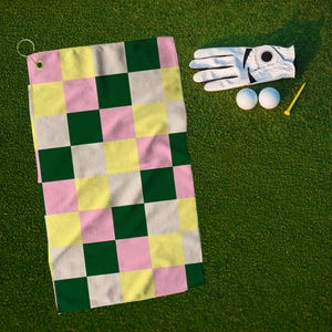 Preppy Checkered Golf Towel, Women&#39;s Golf Towel, Pink and Green Golf Towel, Golf Party Favors, Golf Gift for Her, Ladies Golf Bag Accessory