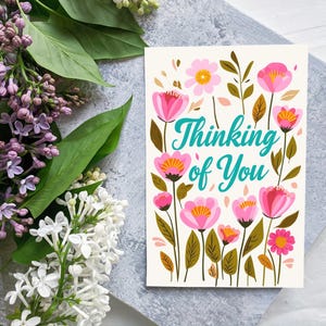 Carte imprimable « Je pense à vous » – Motif floral – Téléchargement numérique, Carte de voeux bien pensée, Imprimable instantanément
