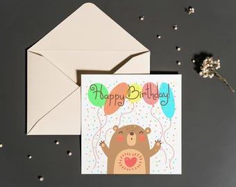 Printable Birthday Card - “Happy Birthday” Bear Square Design - Cute Digital Greeting Card, Instant Download, 5x5 Animal-Themed Card