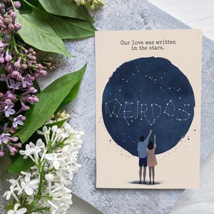 Afdrukbare liefdeskaart – "Our Love Was Written in the Stars" – Digitale download, romantische sterrenkaart, direct afdrukbaar voor jubileum