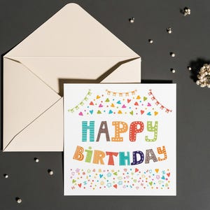 Carte d'anniversaire imprimable - conception de confettis « Joyeux anniversaire » - carte de voeux numérique festive, téléchargement immédiat, carte de célébration 5 x 5