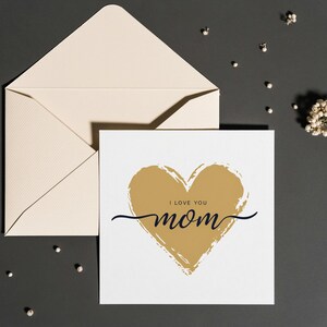 Carte de fête des mères imprimable - Design carré « Je t'aime maman » - carte de voeux numérique simple, téléchargement immédiat, carte minimaliste 5 x 5