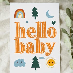 Tarjeta imprimible para recién nacido: "Hola bebé" (descarga digital), tarjeta de bebé de género neutro, saludo para recién nacido imprimible al instante