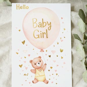 Tarjeta imprimible para recién nacida: "Hola, niña" - Descarga digital, tarjeta rosa para bebé, saludo para recién nacida imprimible al instante