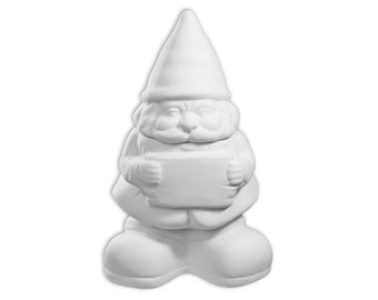 May include: A white ceramic garden gnome figurine featuring a pointed hat, a full beard, and a mustache. The gnome is depicted in a standing position with both hands held together in front of the chest, clutching a blank, rectangular sign.