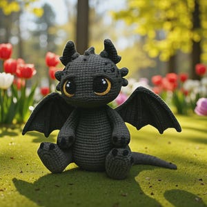 Puede incluir: Una muñeca de dragón de ganchillo gris oscuro hecha a mano, con ojos grandes y expresivos y cuernos pequeños. El dragón tiene las alas extendidas y está sentado sobre hierba verde, rodeado de flores y árboles.