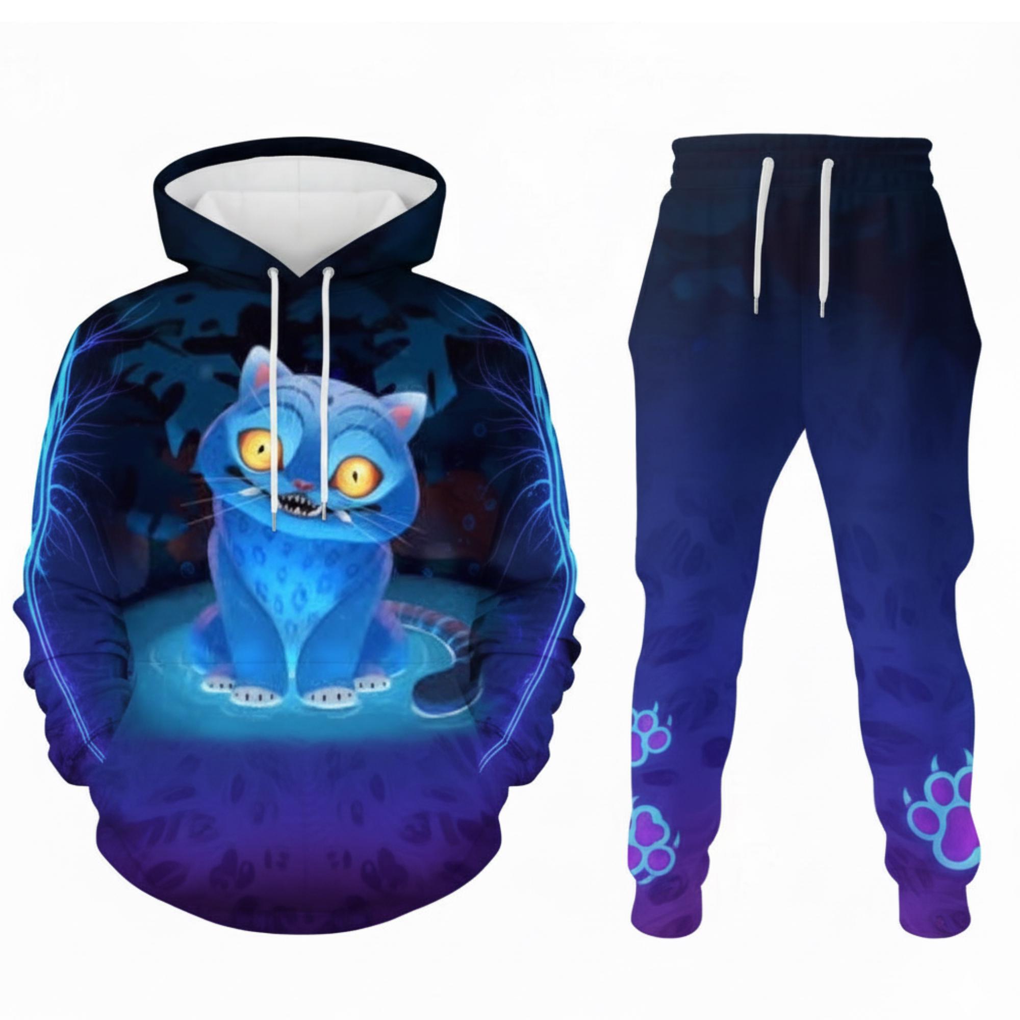 Discover Glowing Cat 3D Hoodie Jogger Set, Luminous Blue Feline Outfit