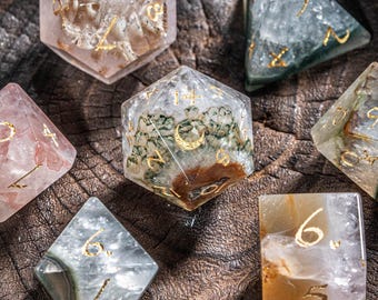 Agate Chalcedony to Quartz Transition Zone Dice Set: Polyhedral DND Dice with Luxury Box