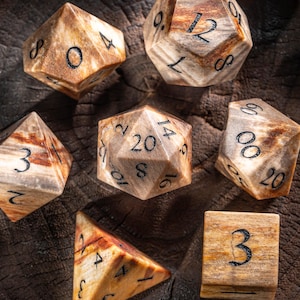 May include: Set of six wooden dice with natural brown and white patterns. The dice are numbered 1-6, 8, 10, 12, 14, 16, 20, and 60. The dice are arranged in a circle on a wooden surface.