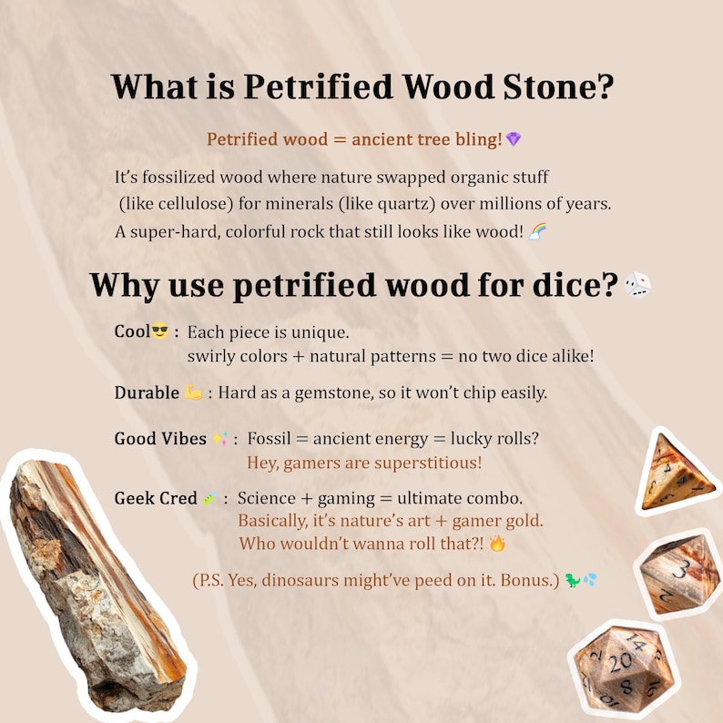 Puede incluir: Conjunto de dados de madera petrificada con un primer plano de un solo dado con los n&uacute;meros 20, 14, 8, 2, 6 y 4. Los dados est&aacute;n hechos de madera petrificada y tienen un patr&oacute;n natural en espiral. El texto "Cool: Cada pieza es &uacute;nica. Colores en espiral + patrones naturales = &iexcl;no hay dos dados iguales!" es visible en la imagen.