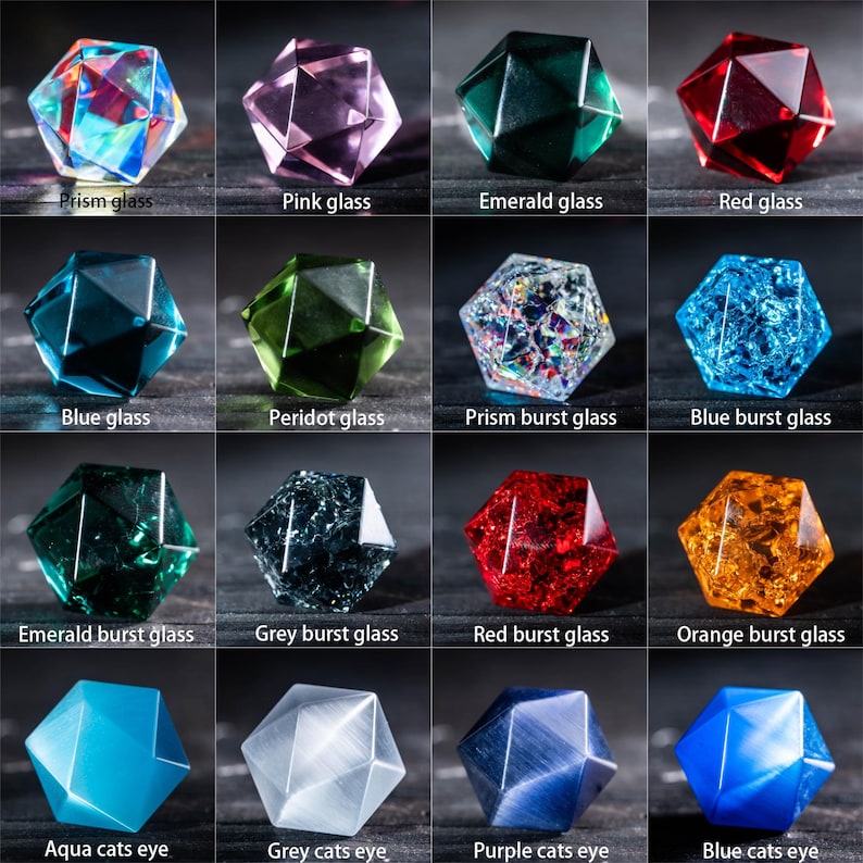May include: A collection of sixteen faceted glass and crystal objects in various colors, including pink, blue, green, and red. Each piece is labeled with its name, such as "Prism glass" and "Blue cats eye."