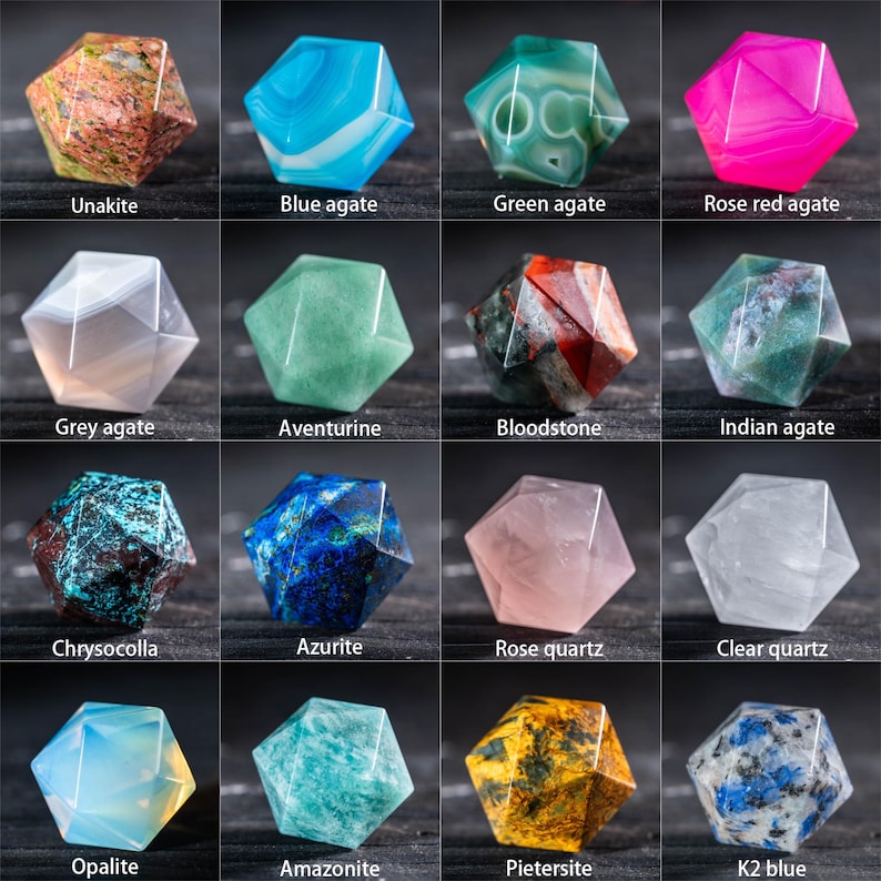 May include: A grid of sixteen faceted gemstone specimens, each with a unique color and pattern. The gemstones include Unakite, Blue agate, Green agate, Rose red agate, Grey agate, Aventurine, Bloodstone, Indian agate, Chrysocolla, Azurite, Rose quartz, Clear quartz, Opalite, Amazonite, Pietersite, and K2 blue.