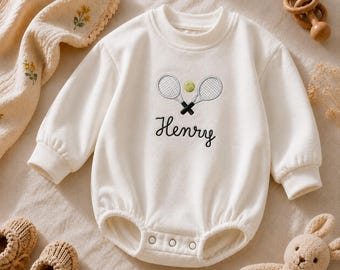 Tennis Racket Custom Name Embroidered Baby Romper  Sporty Coming Home Baby Bodysuit