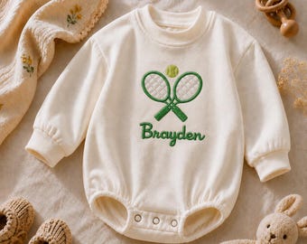 Tennis Racket Custom Name Embroidered Baby Romper | Sporty Coming Home Outfit | Personalized Custom Handmade Gift