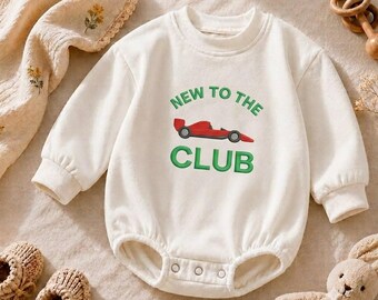 New To The Club Race Car Embroidered Baby Romper | Formula Racing Coming Home Outfit