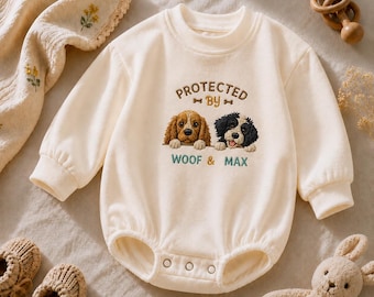 Protected By Dogs Embroidered Baby Romper | Puppy Sibling Coming Home Outfit | Personalized Custom Handmade Gift
