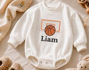 Basketball Hoop Custom Name Embroidered Baby Romper,  Sporty Newborn Coming Home Outfit, Personalized Custom Handmade Gift