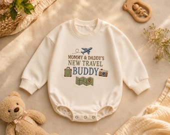 Mommy and Daddy's New Travel Buddy Embroidered Baby Romper | Airplane Adventure Bodysuit, Neutral Coming Home Outfit