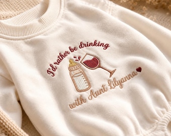 Rather Be Drinking With Aunt Embroidered Baby Romper | Funny Auntie Wine Baby Bodysuit, Newborn Coming Home Onesie Baby
