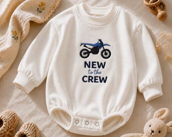 New To The Crew Dirt Bike Embroidered Baby Romper | Motocross Coming Home Outfit