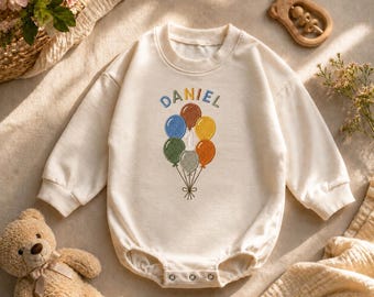 Personalized First Birthday Balloons Embroidered Baby Romper, Custom Age Baby Bodysuit, Party Outfit, Custom Handmade Gift