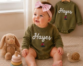 Sailboat Name Baby Romper | Custom Baby Bodysuit with Yarn Lettering, Nautical Newborn Outfit, Handmade Baby Gift