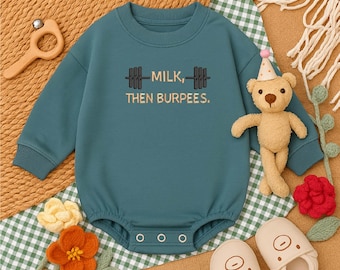 Funny Baby Workout Bodysuit – Milk Then Burpees Embroidered Baby Onesie