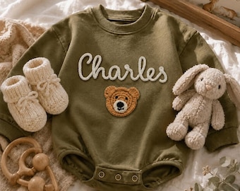 Bear Name Baby Romper | Custom Baby Bodysuit with Yarn Lettering, Crochet Bear Newborn Outfit, Handmade Baby Gift