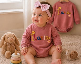 Crochet Flower Name Baby Romper | Custom Baby Bodysuit with Yarn Lettering, Floral Newborn Outfit, Personalized Handmade Gift