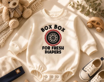 Box Box for Fresh Diapers Racing Embroidered Baby Romper | Formula One Baby Bodysuit, Newborn Outfit
