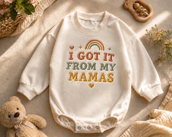 I Got It From My Mamas Rainbow Embroidered Baby Romper, Two Moms Baby Bodysuit, Pride Family Outfit