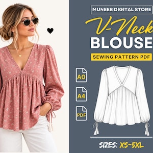May include: A V-neck blouse sewing pattern PDF from Muneeb Digital Store. The design features long sleeves with tie cuffs, a gathered bodice, and a floral print. Includes A0, A4, and PDF formats for sizes XS-5XL, shown in a technical sketch.