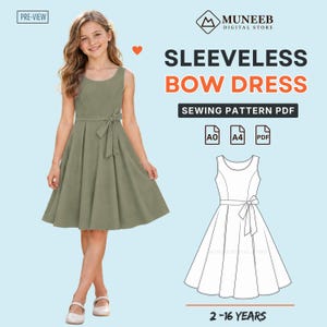 May include: A sleeveless olive green dress with a waist bow and a flared skirt, presented as a sewing pattern PDF. The image includes text reading Muneeb Digital Store, Sleeveless Bow Dress, Sewing Pattern PDF, A0, A4, PDF, and 2-16 years.