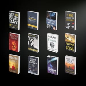 May include: A collection of twelve books with various titles, including "Get 1% Better Every Day," "Successful Morning Rituals," and "Reclaim Your Power." The books have different cover designs and colors, set against a dark background.