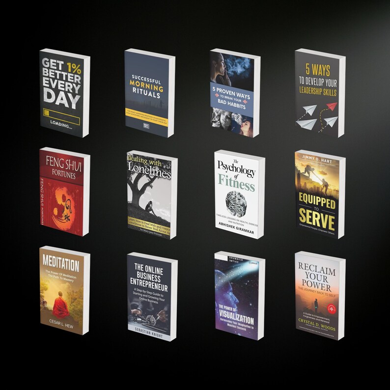 May include: A collection of twelve books with various titles, including "Get 1% Better Every Day," "Successful Morning Rituals," and "Reclaim Your Power." The books have different cover designs and colors, set against a dark background.