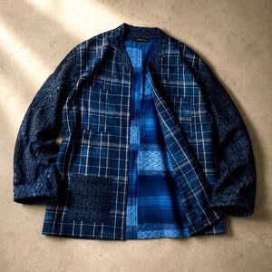 Indigo Silk Long Sleeve Shirt Jacket – Vintage Japanese Plaid, Kasuri Tsumugi, Pattern Clash Band Collar, Men’s L, One of a Kind