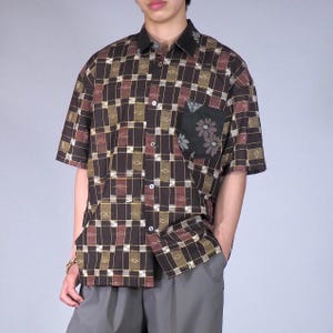 Japan vintage Kimono remake, mens L, half sleeve shirt, camp collar, silk Kimono shirt, open collar shirt, plaid  shirt men, gift for him