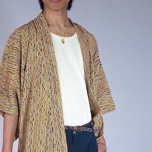 Japan vintage Kimono, mens Kimono, mustard yellow, stripe, Shima, room gown Kimono, relaxing room wear, gift for him, gift for her