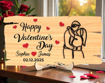 Wooden Valentine Sign SVG, Happy Valentine’s Day Laser Cut File, Couple Hug Outline, Glowforge xTool Cricut Romantic Gift Pattern