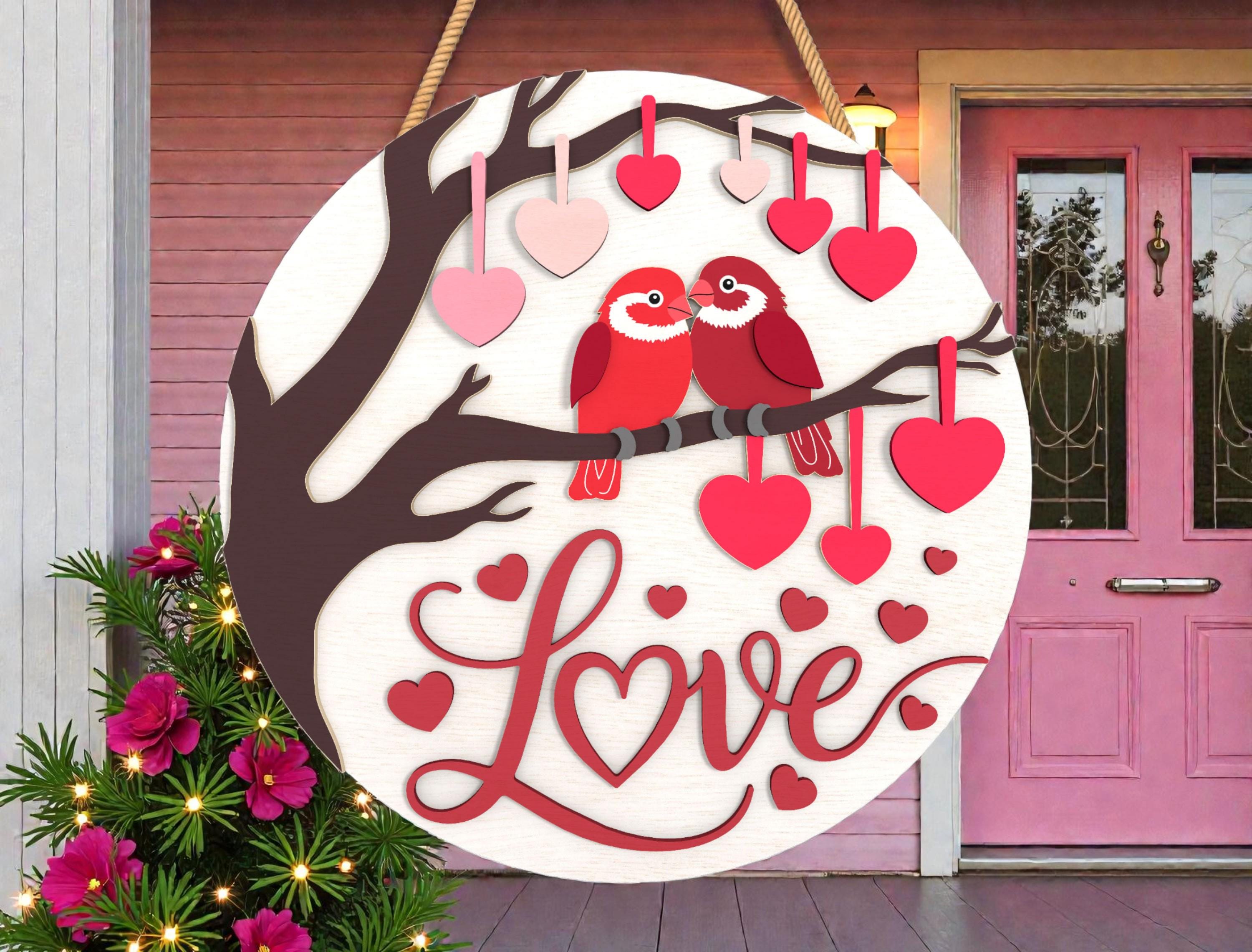 Love Birds Valentine Door Hanger Laser Cut File SVG, Layered Heart