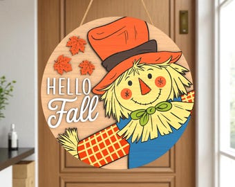 Hello Fall Scarecrow Door Hanger Laser Cut File Svg, Autumn Porch Sign Svg, Rustic Harvest Round Svg, Pumpkin Season Front Door Decor