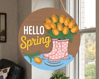 Hallo Frühling Türschild Laser Cut Datei SVG, Regenstiefel mit Tulpen SVG, Glowforge xTool Cricut, 3D-Schichtholz, Osterdekor