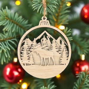 Moose Forest Ornament  Laser Cut File Svg, Layered Mountain Scene Svg, Rustic Christmas Wood Decor Svg, Winter Holiday Decor, Glowforge File
