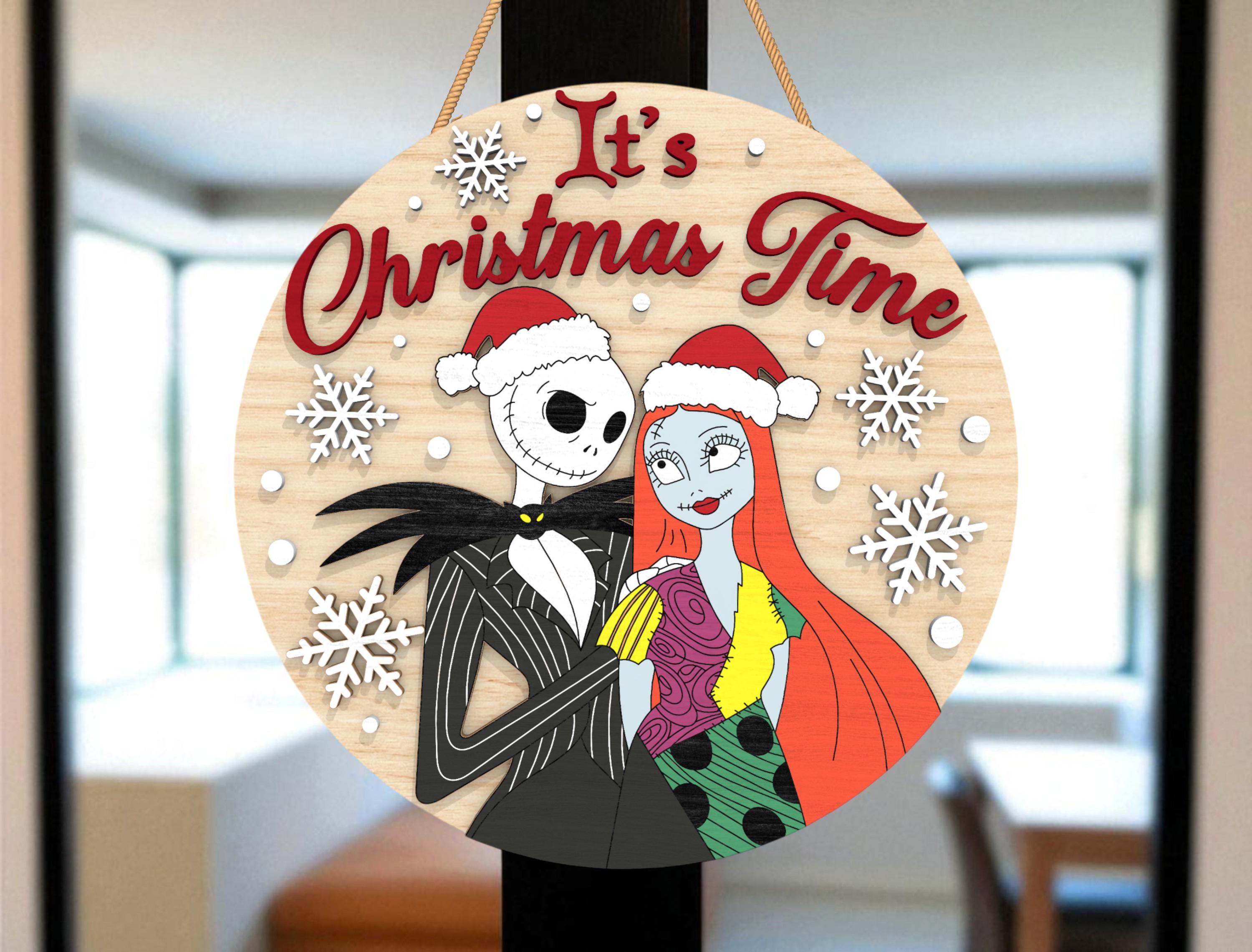 Nightmare Before Christmas Door Hanger SVG, Jack & Sally It's Christmas Time Sign, Gothic Holiday Wall Décor Cut File