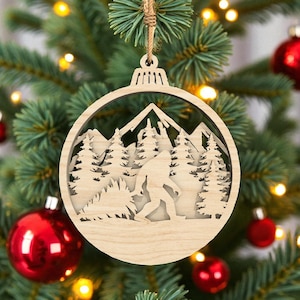 Bigfoot Forest Ornament Svg, Layered Mountain Scene Svg, Rustic Christmas Wood Decor Svg, Laser Cut Winter Holiday Decoration,Glowforge File
