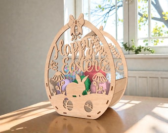 Happy Easter Bunny Basket SVG, Wooden Egg Holder Laser Cut File Svg, Rabbit Treat Box with Bow Svg, Spring Decor,  Glowforge xTool Cricut