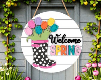 Willkommen Frühling, Rundes Zeichen SVG, Regenstiefel Tulpe Türhänger SVG, Geschichtetes Blumenstiefel Frühlingsdekor SVG, Veranda Willkommensschild, Glowforge xTool