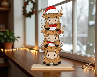 Cute Highland Cow Christmas Decor Svg, Kawaii Cow Trio Layered Svg, Holiday Table Display Laser Cut File, Standing Cow Svg,Glowforge xTool